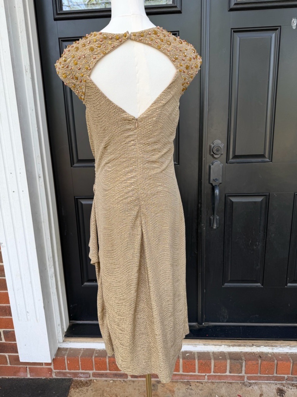 Maggy London Gold Draped Cocktail Dress with Beaded Shoulders Women’s 14 - Picture 6 of 6